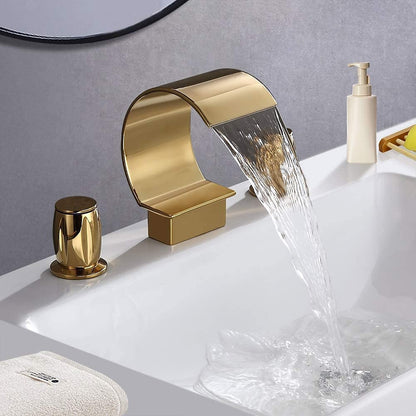 Waterfall Bathroom Faucet, Modern 3-Hole Widespread Dual-Handle Faucet, Polished Gold / Matte Black
