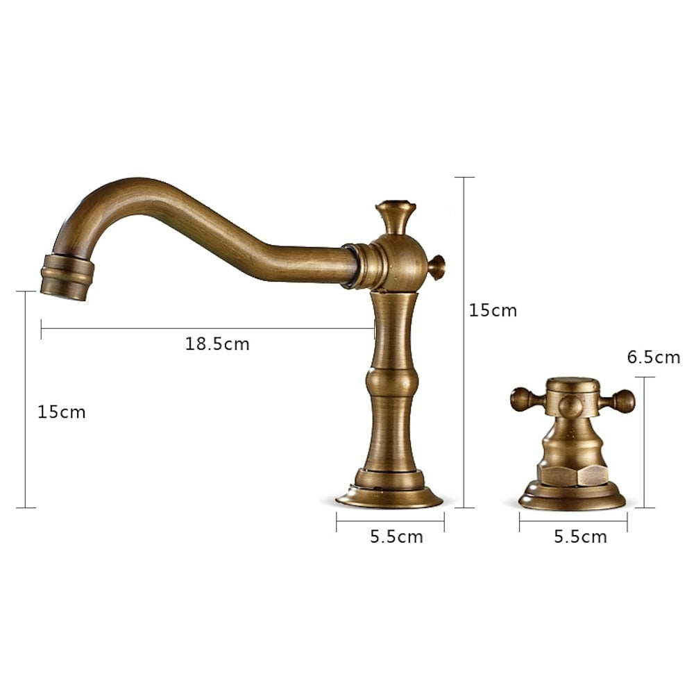 Traditional Antique Brass Bathroom Sink Faucet, 3-Hole Widespread Dual Cross Handle Faucet
