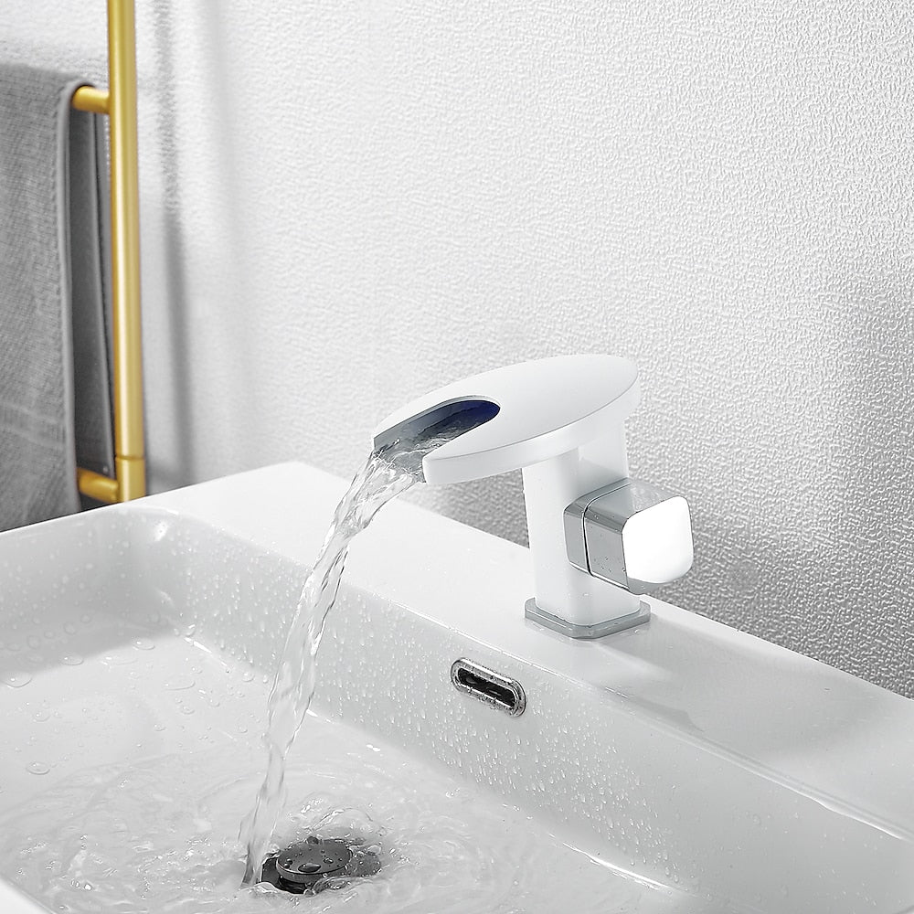 LED Waterfall Bathroom Faucet, Single-Handle Deck-Mount Faucet, Matte Black / Chrome / Polished Gold / Matte White