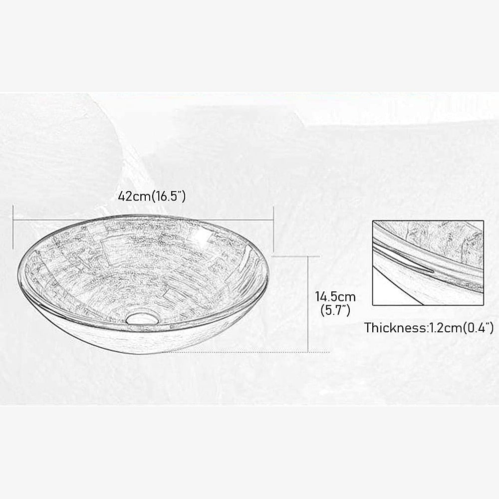 Contemporary Round Tempered Glass Vessel Bathroom Sink with Single-Handle Faucet, Vanity Basin Set with Pop-Up Drain, Silver / Gold / Bronze / Gray / Multi