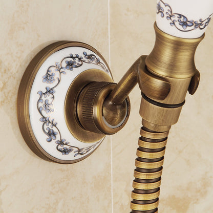 Antique Brass Wall-Mount Shower Faucet Set, Vintage Double-Handle Brass Shower Faucet with Handheld Shower