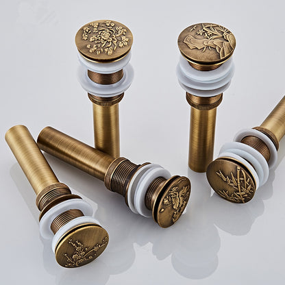 Antique Brass Engraved Bathroom Sink Pop-Up Drain, Solid Brass Vanity Basin Drain Assembly, With / Without Overflow