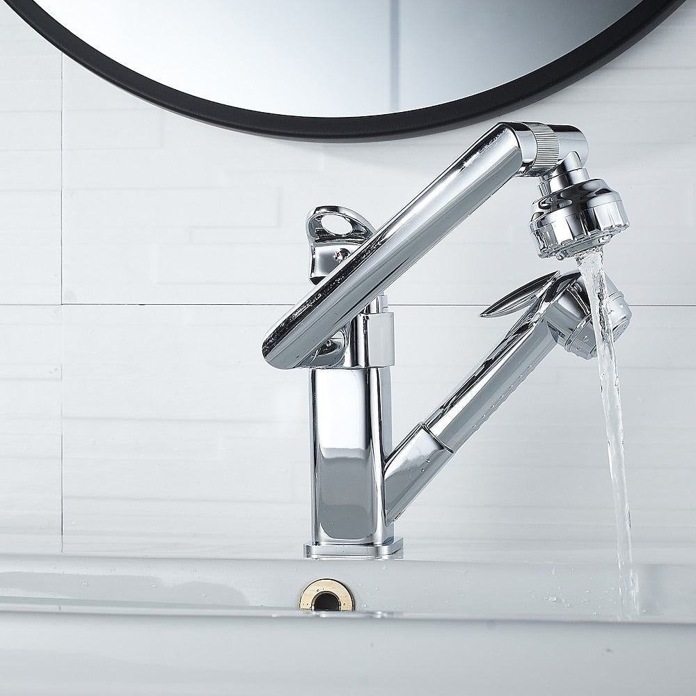 Chrome Single-Hole Bathroom Sink Faucet, Pull-Out Swivel Spout Faucet