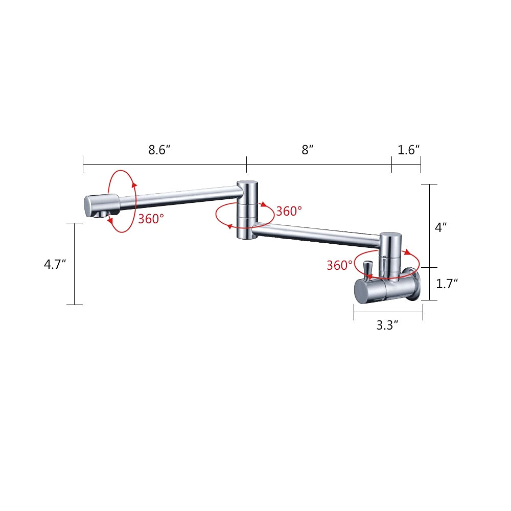 Chrome Wall-Mount Brass Pot Filler Faucet, Double-Jointed Folding Kitchen Faucet with 360-Degree Swivel Handle