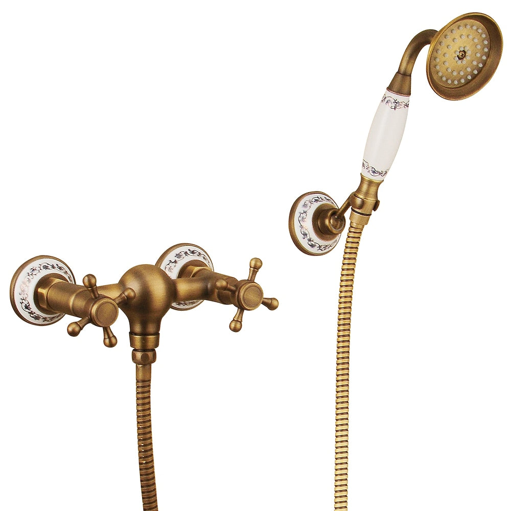 Antique Brass Wall-Mount Shower Faucet Set, Vintage Double-Handle Brass Shower Faucet with Handheld Shower