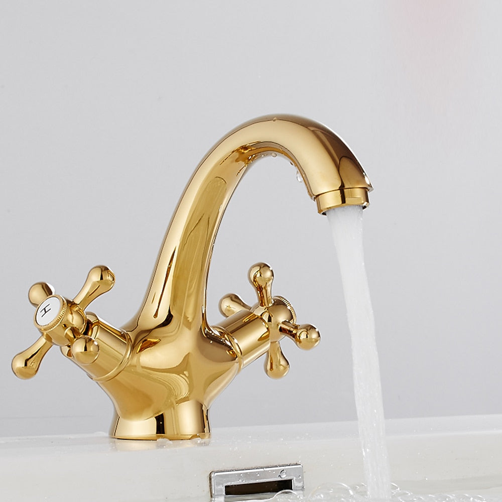 Vintage Single-Hole Bathroom Faucet, Dual Cross Handle Brass Faucet