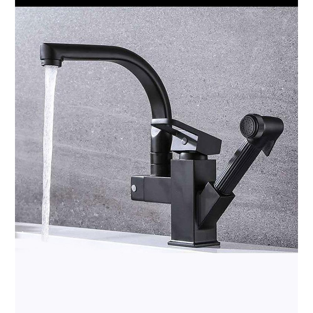 Modern Single-Handle Kitchen Faucet, Swivel Spout Faucet with Pull-Out Sprayer, Matte Black / Chrome