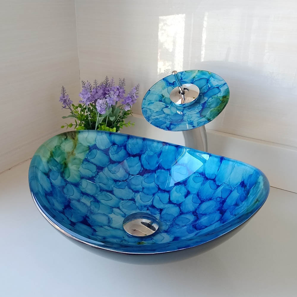 Blue Tempered Glass Vessel Sink Faucet Set, Chrome Waterfall Spout Faucet with Pop-Up Drain / Mounting Ring