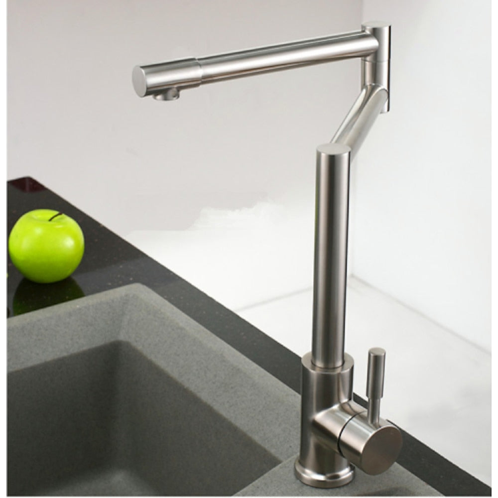 Folding Double-Jointed Brushed Nickel Kitchen Faucet, Single-Handle Stainless Steel Deck Mount Faucet