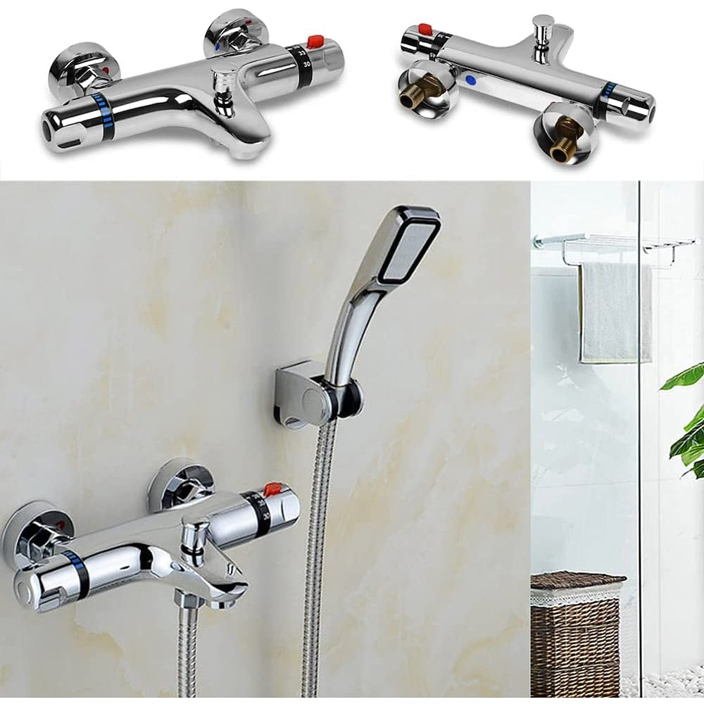 Chrome Thermostatic Wall-Mounted Bath Shower Mixer Valve, Exposed Brass Tub Faucet with Diverter Spout