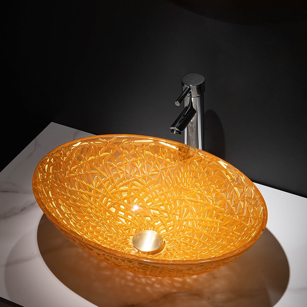 Orange Oval Glass Vessel Sink with Chrome Faucet, Single-Handle Bathroom Vessel Faucet with Pop-Up Drain
