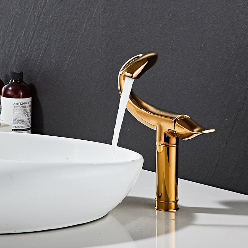 Curved High Arc Vessel Bathroom Faucet, Single-Handle Single-Hole Tall Brass Faucet