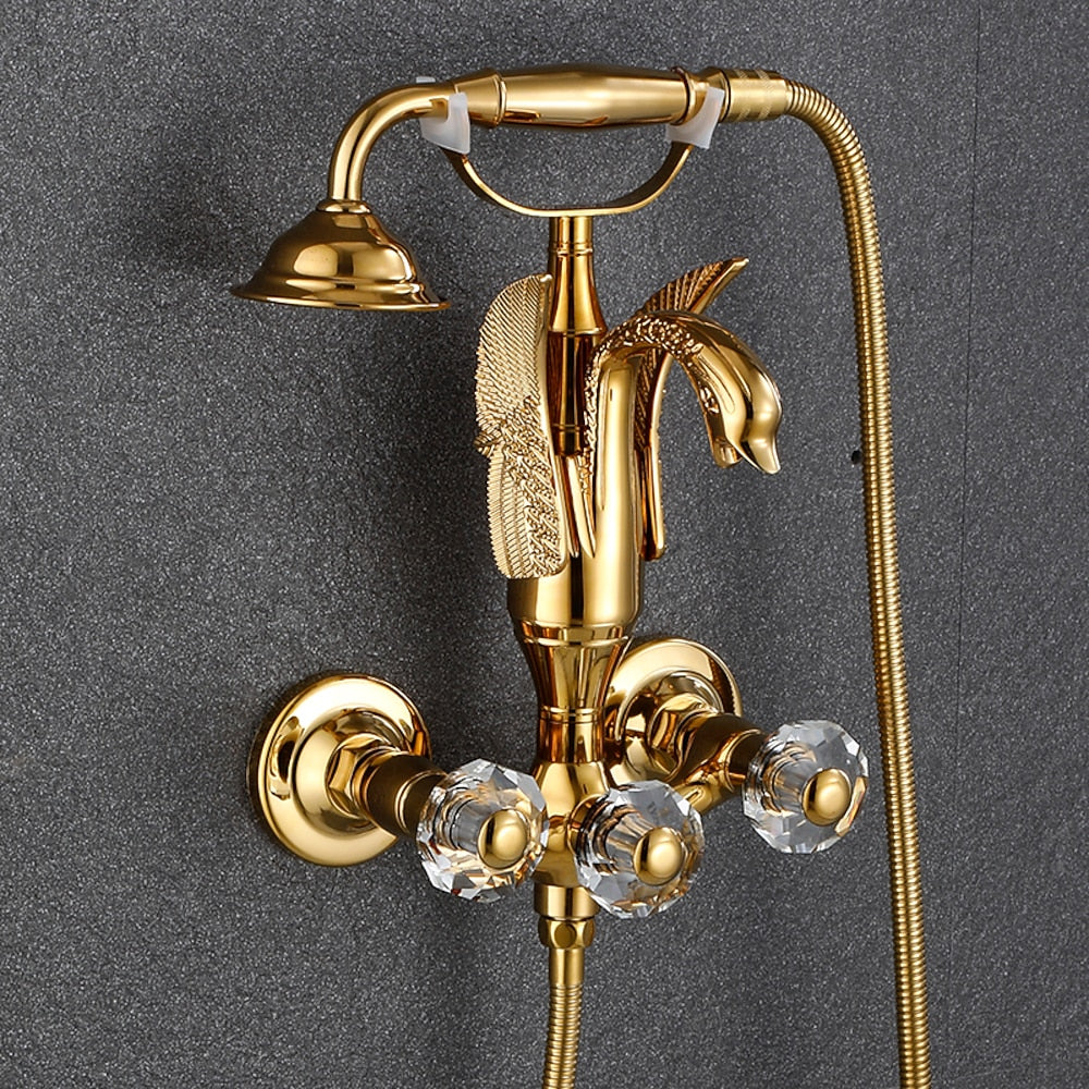 Swan Spout Wall-Mount Bathtub Faucet, Dual-Handle Tub Filler with Handheld Shower, Antique Brass / Matte Black / Chrome / Polished Gold