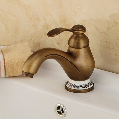 Vintage Antique Brass Bathroom Faucet, Single-Handle Single-Hole Faucet with Floral Ceramic Base