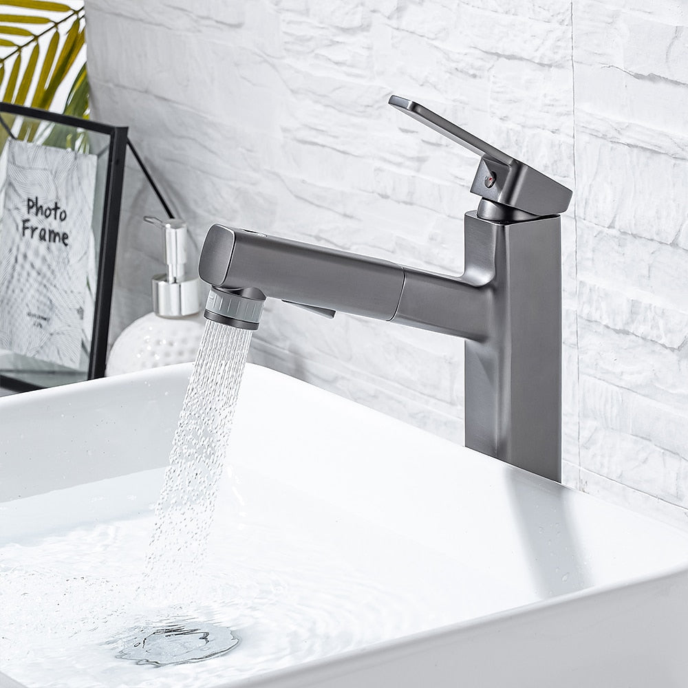 Pull-Out Single-Hole Brass Bathroom Faucet, Upward Fountain Spout Faucet, Chrome / Matte Black / Brushed Gold / Gunmetal