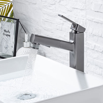 Pull-Out Single-Hole Brass Bathroom Faucet, Upward Fountain Spout Faucet, Chrome / Matte Black / Brushed Gold / Gunmetal