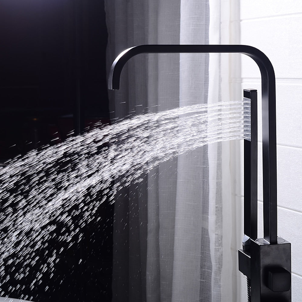 Modern Freestanding Tub Filler Faucet, Single-Handle Brass Bathtub Faucet with Handheld Shower, Chrome / Matte Black