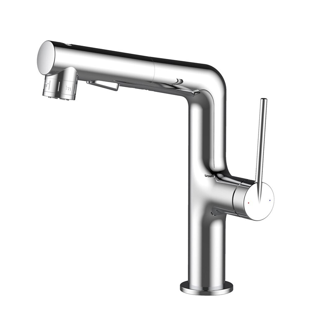 Pull-Out Spray Bathroom Faucet, Modern Single-Hole Single-Handle Brass Faucet, Gunmetal / Matte Black / Brushed Gold / Matte White / Chrome