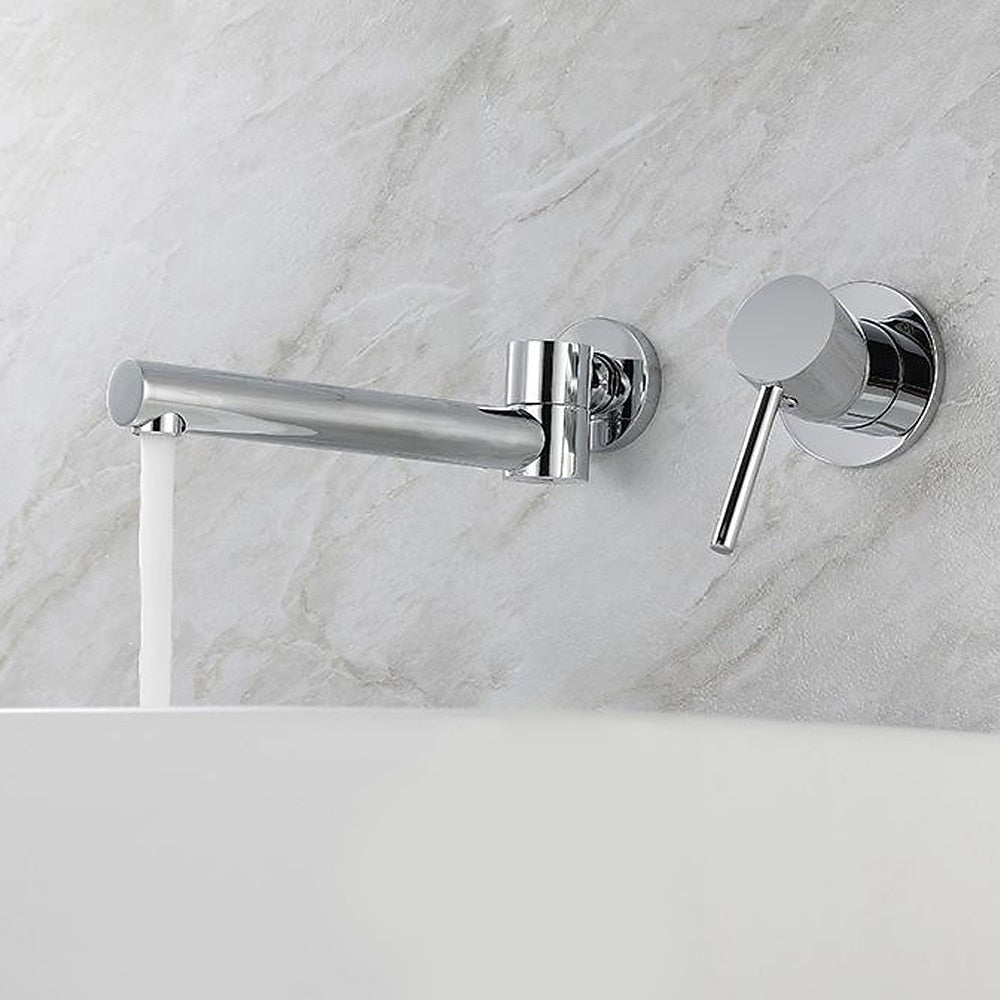 Modern Wall-Mount Single-Handle Bathroom Faucet, Swivel Spout Brass Basin Faucet, Chrome / Matte Black