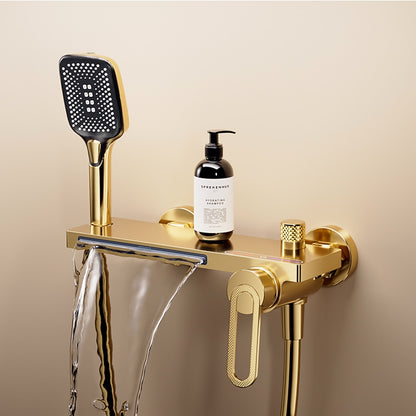 Modern Waterfall Wall-Mount Tub Faucet, Single-Handle Bath Faucet with Handheld Shower, Brushed Gold / Matte Black / Chrome / Matte White / Gunmetal