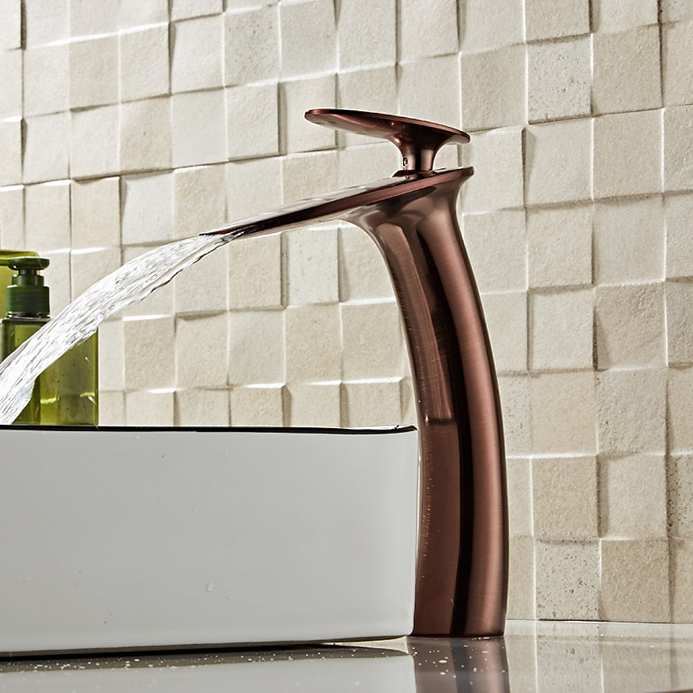 Modern Waterfall Bathroom Faucet, Single-Handle Brass Faucet, Matte Black / Chrome / Brushed Nickel / Brushed Gold / Polished Gold / Rose Gold / Oil-Rubbed Bronze / Venetian Bronze / Gunmetal / Matte White / Copper / Painted / Powder Coated
