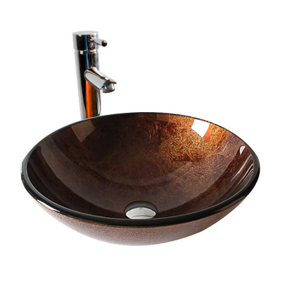Contemporary Round Tempered Glass Vessel Bathroom Sink with Single-Handle Faucet, Vanity Basin Set with Pop-Up Drain, Silver / Gold / Bronze / Gray / Multi