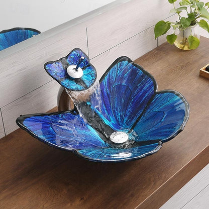 Butterfly Shape Tempered Glass Vessel Sink, Single-Handle Waterfall Faucet Combo with Pop-Up Drain, Multi