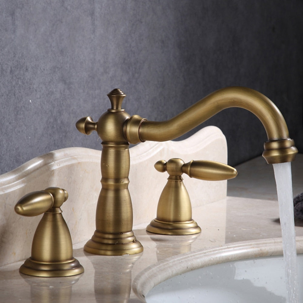 Vintage Widespread Bathroom Faucet, Double Handle Swivel Spout Faucet, Brushed Gold / Antique Brass / Matte Black / Chrome