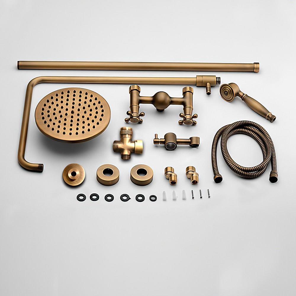 Antique Brass Vintage Exposed Shower Faucet, Wall-Mount Complete Shower System with Handheld Shower / 8-Inch Rain Shower Head