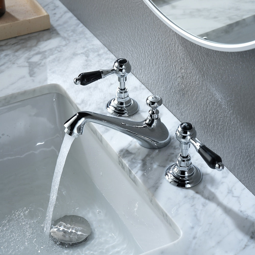Vintage Widespread Bathroom Faucet, Double-Handle 3-Hole Sink Faucet, Chrome / Polished Gold