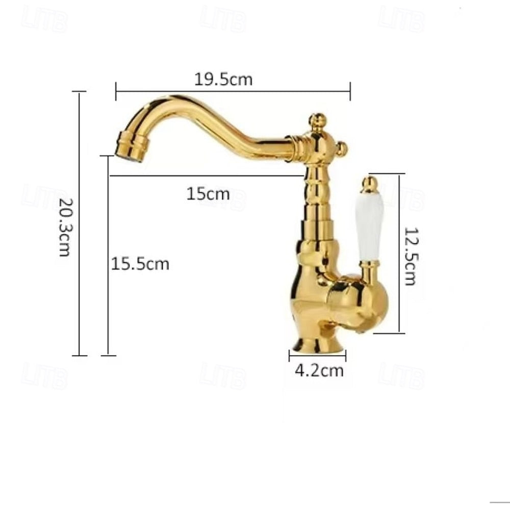 Traditional Ceramic Lever Handle Bathroom Faucet, Single-Hole Deck Mount High Arc Spout Faucet, Antique Brass / Chrome / Gunmetal / Matte White / Polished Gold