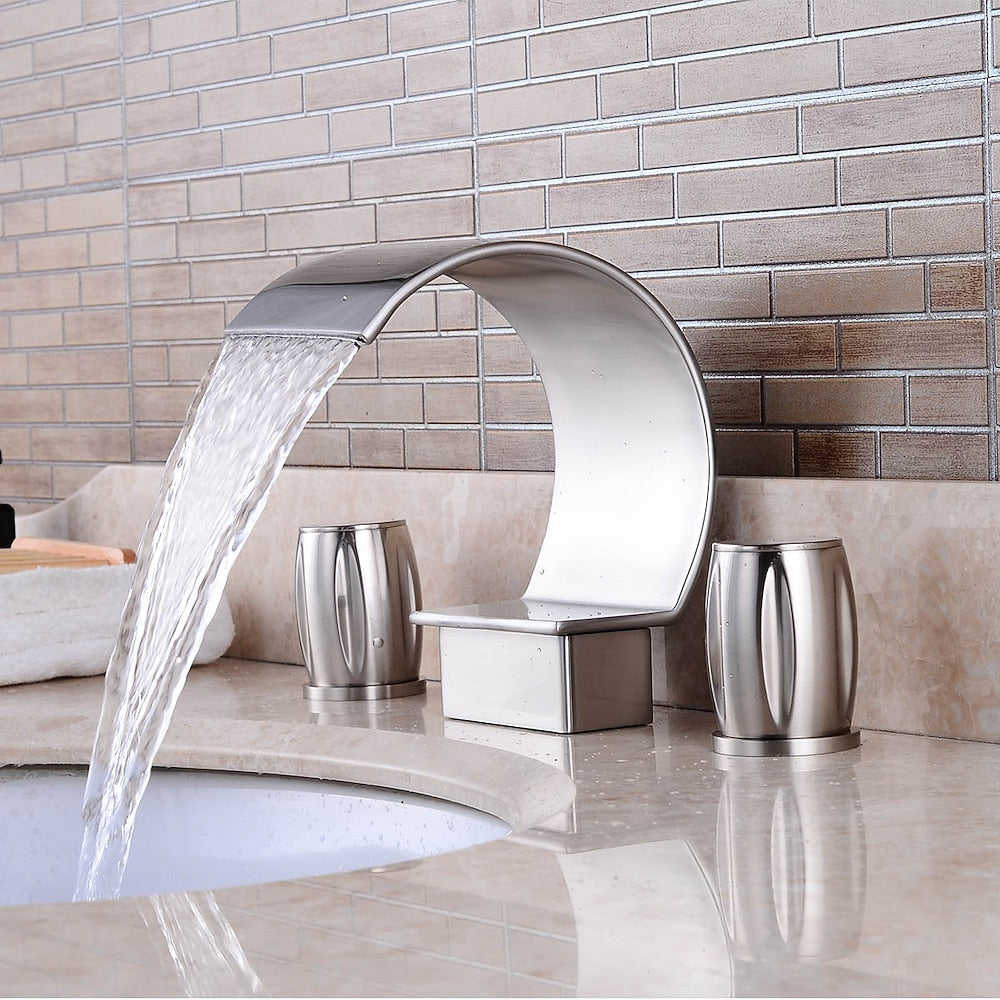 Brushed Nickel Widespread Bathroom Faucet, Contemporary 3-Hole Faucet, Double-Handle Waterfall Spout Faucet