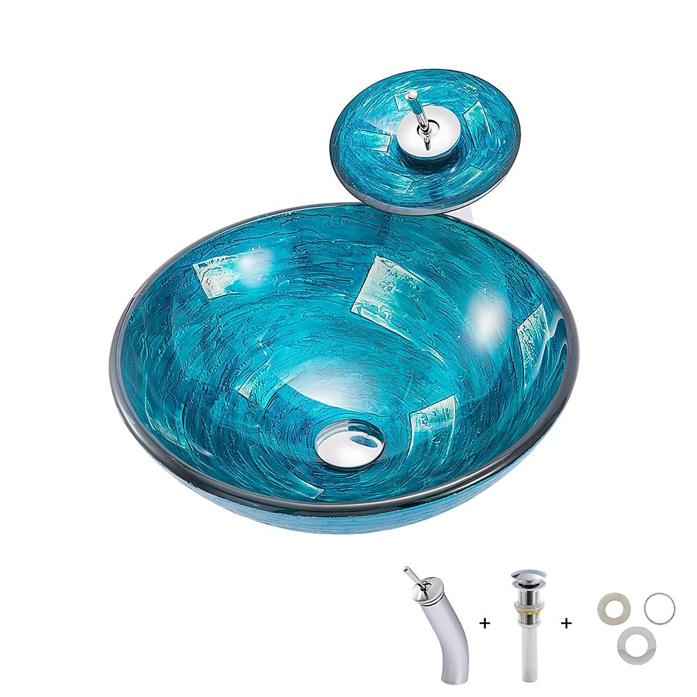 Blue Tempered Glass Round Vessel Sink with Chrome Waterfall Faucet, Single-Handle Bathroom Faucet Combo with Pop-Up Drain