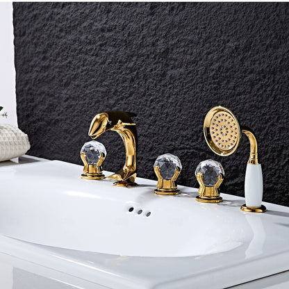 Polished Gold Dolphin Roman Tub Faucet, 5-Hole Deck-Mount Tub Filler with Handheld Shower / Crystal Knob Handles