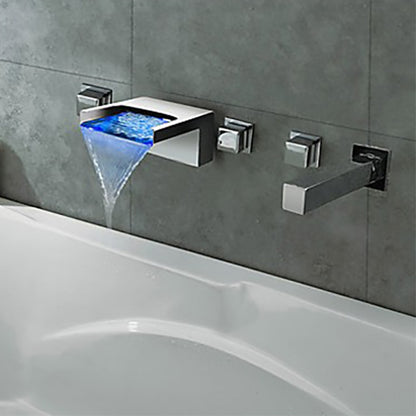 Chrome LED Waterfall Wall-Mount Tub Faucet, 3-Handle Brass Valve Bathtub Faucet with Handheld Shower