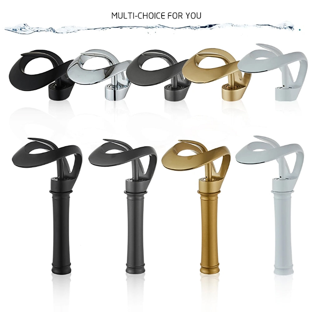Waterfall Single-Hole Bathroom Faucet, Single-Handle Brass Vessel Sink Faucet, Matte Black / Chrome / Brushed Gold / Matte White / Gunmetal
