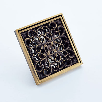 Antique Brass Square Floor Drain, Solid Brass Shower Drain with Carved Grate