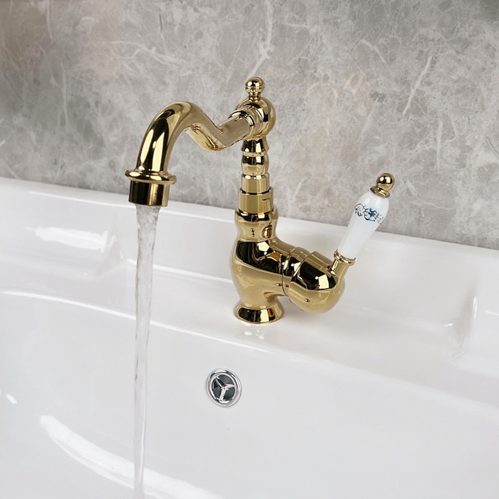 Vintage Single-Hole Bathroom Sink Faucet, 360-Degree Swivel Spout Brass Faucet, Chrome / Polished Gold / Antique Brass
