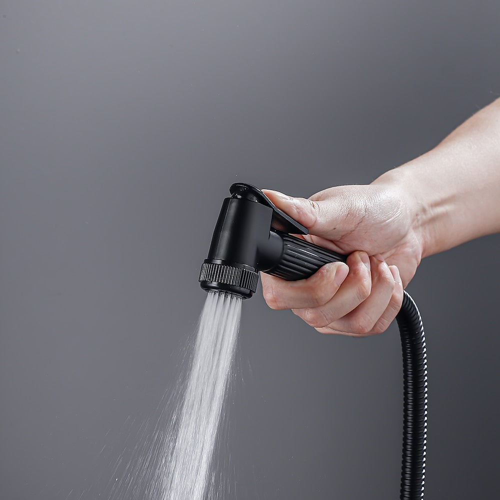 Matte Black Modern Wall-Mounted Shower System, Exposed Rainfall / Handheld Shower System with Bidet Sprayer / Storage Shelf