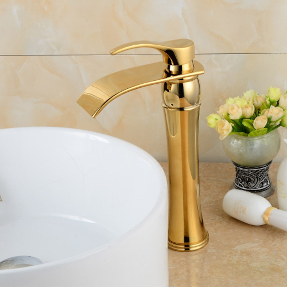 Polished Gold Waterfall Vessel Sink Faucet, Single-Handle Brass Bathroom Faucet