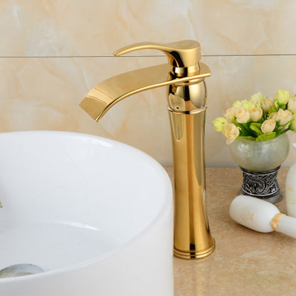 Polished Gold Waterfall Vessel Sink Faucet, Single-Handle Brass Bathroom Faucet