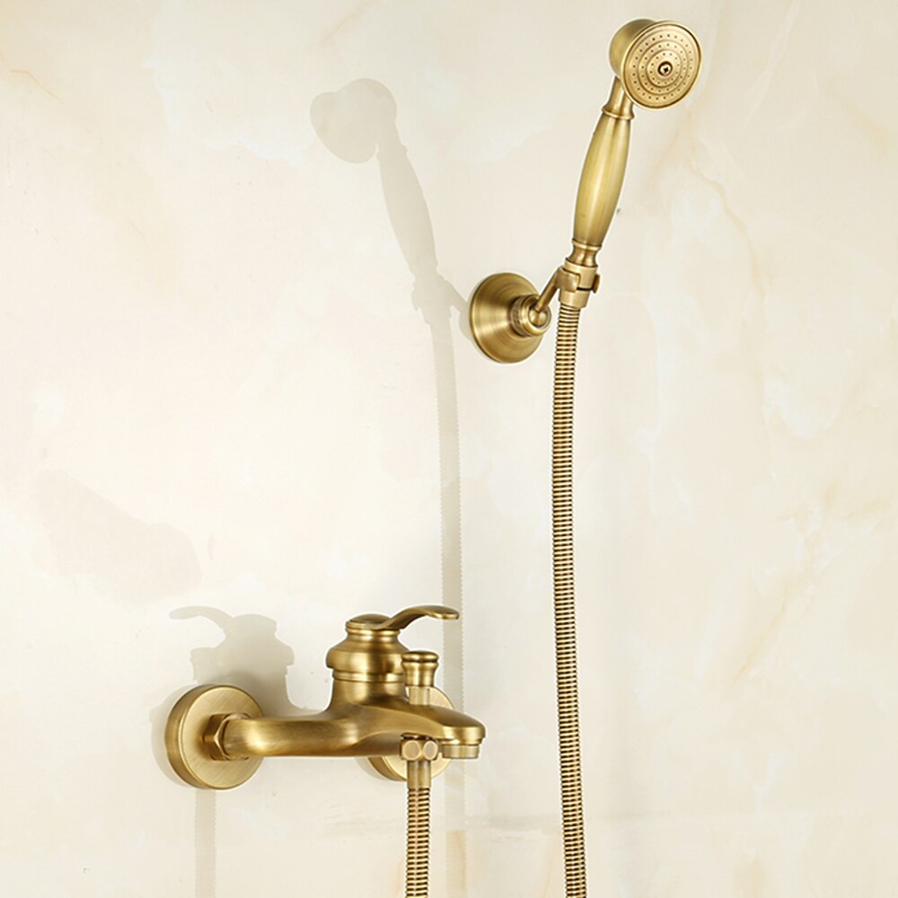 Antique Brass Vintage Wall-Mount Tub Filler Faucet, Single-Handle Brass Faucet with Handheld Shower