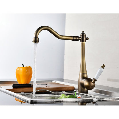 Antique Brass Retro Kitchen Faucet, Single-Hole Swivel Spout Faucet with Ceramic Handle