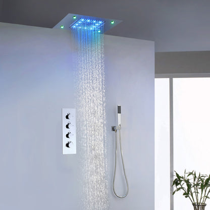 LED Waterfall Rainfall Complete Shower System, Ceiling-Mounted Chrome Shower Faucet with Handheld Shower