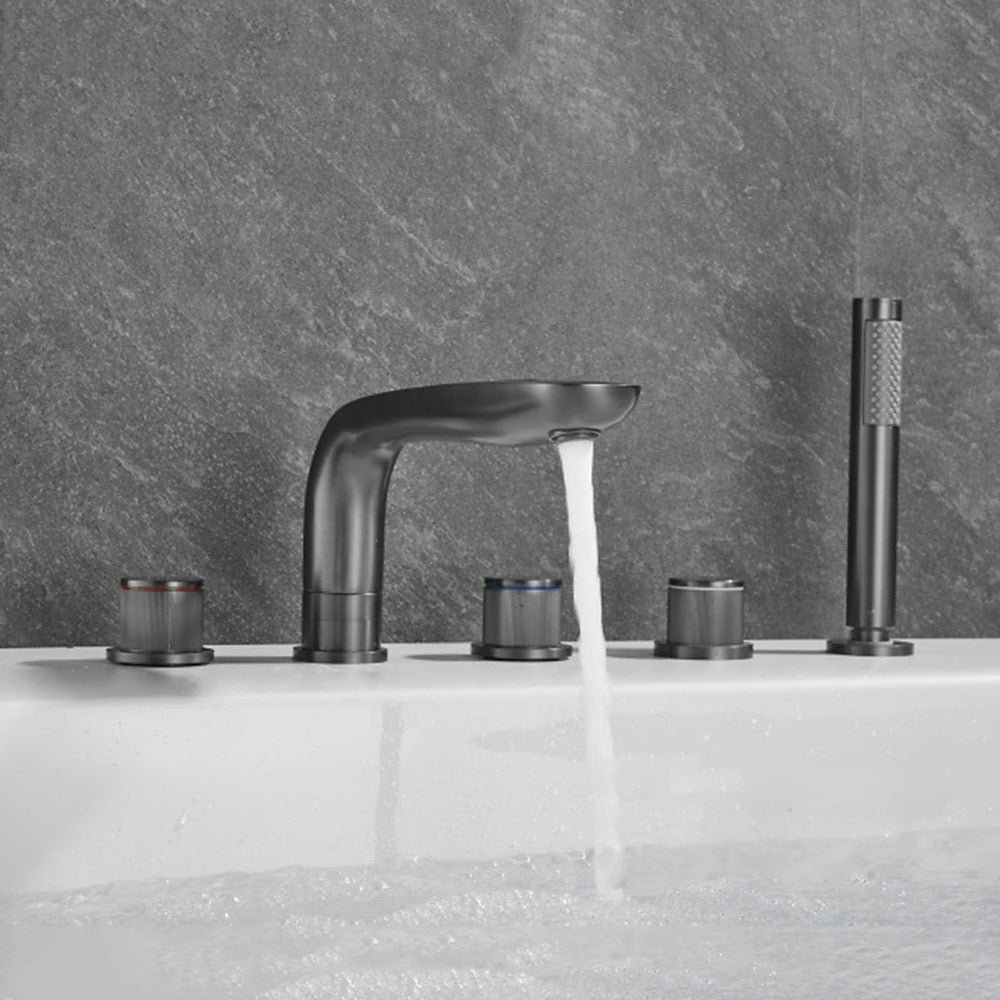 Deck-Mount 5-Hole Bathtub Faucet, Modern Widespread Tub Faucet with Handheld Shower, Matte Black / Brushed Gold