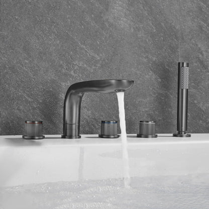 Deck-Mount 5-Hole Bathtub Faucet, Modern Widespread Tub Faucet with Handheld Shower, Matte Black / Brushed Gold