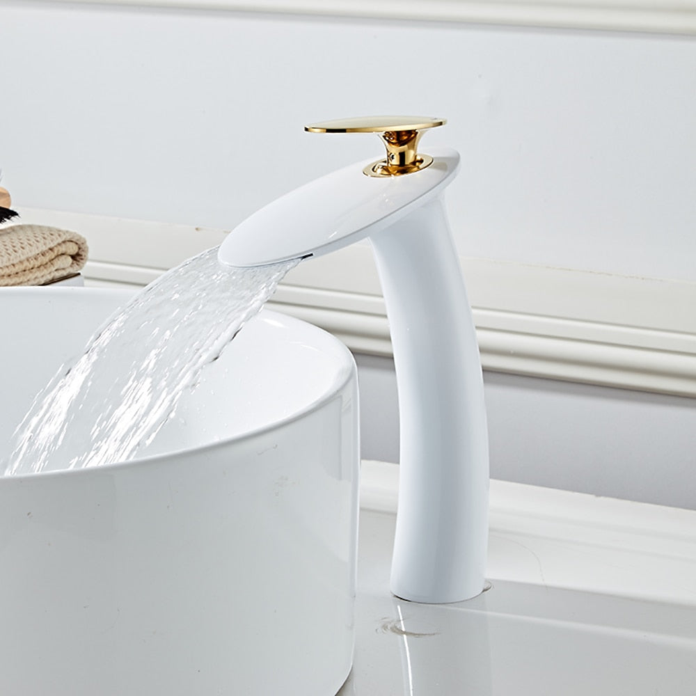 Modern Waterfall Bathroom Faucet, Single-Handle Brass Faucet, Matte Black / Chrome / Brushed Nickel / Brushed Gold / Polished Gold / Rose Gold / Oil-Rubbed Bronze / Venetian Bronze / Gunmetal / Matte White / Copper / Painted / Powder Coated