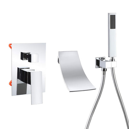 Chrome Wall-Mounted Waterfall Tub Faucet, Single-Handle Brass Faucet with Handheld Shower