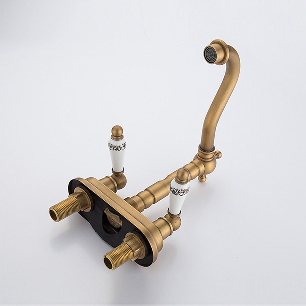 Antique Brass Swivel Spout Bathroom Faucet, Vintage Double-Handle Centerset Faucet