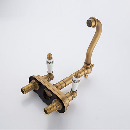 Antique Brass Swivel Spout Bathroom Faucet, Vintage Double-Handle Centerset Faucet